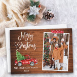 Red Craft Tape Calligrafie Weihnachtswagen Holz Feiertagskarte<br><div class="desc">Modern Fun Calligrafy Script Wasserfarbe Vintager Red Truck mit Weihnachtsbaum Frohe Weihnachtsfamilie Foto Holiday Card - Rustikales Land Holz,  Rotes Floß Band mit Schneeflocken</div>
