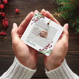 Red Cranberry Foliage Baby's First Christmas Foto Keramikornament