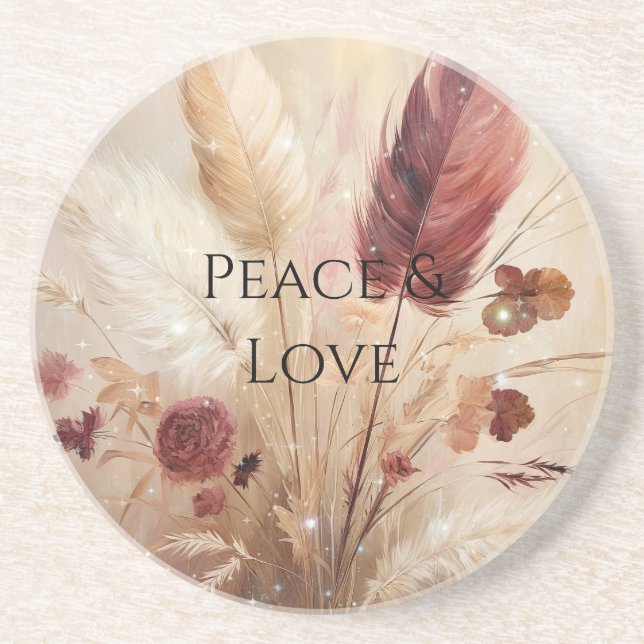 Red Cream Boho Feather Floral Getränkeuntersetzer (Vorne)