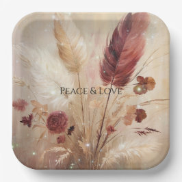 Red Cream Boho Feather Floral Pappteller