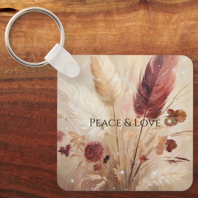 Red Cream Boho Feather Floral Schlüsselanhänger (Vorderseite)