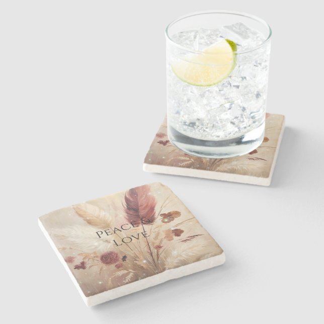 Red Cream Boho Feather Floral Steinuntersetzer (Seitenansicht)