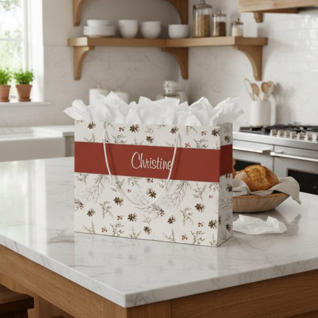 Red Cream Boho Woodland Winterberry Monogram Name Große Geschenktüte (Von Creator hochgeladen)