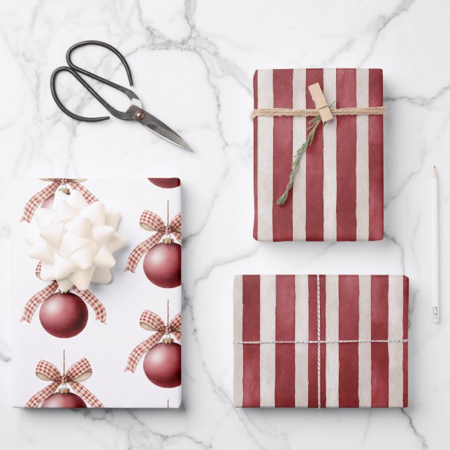 Red Cream Bow Christmas Round Ornament Geschenkpapier Set (Vorderseite)