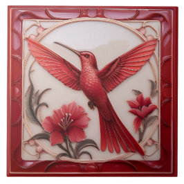 Red & cream faux relief Art Nouveau Hummingbird L Fliese