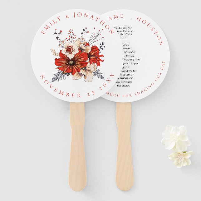 Red Cream Florals Foliage Names Wedding Programm Fächer (Vorne und Hinten)