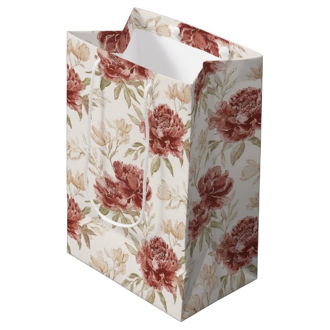 Red Cream Flowers Bridal Shower Mittlere Geschenktüte (Vorderseite Schrägansicht)