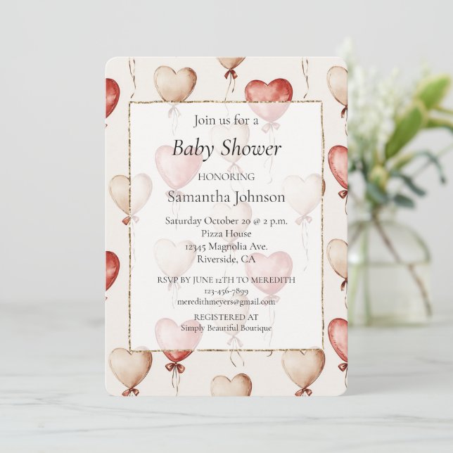 Red Cream Heart Balloons Babydusche Einladung (Stehend Vorderseite)