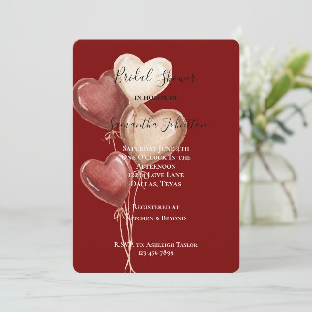 Red Cream Heart Balloons Bridal Shower Einladung (Stehend Vorderseite)