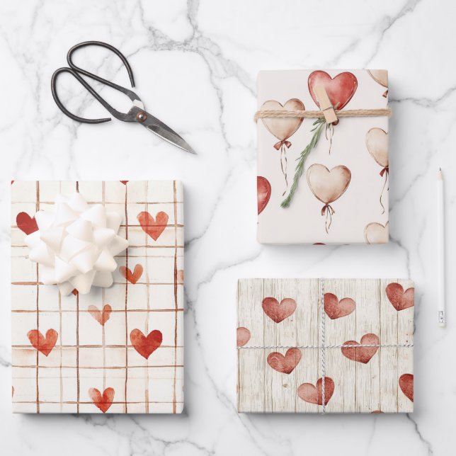 Red Cream Hearts Balloons Geburtstag Geschenkpapier Set (Vorderseite)