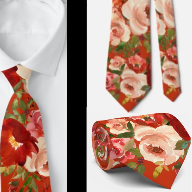 Red Cream Ivory Rose Floral Neck Tie Krawatte (Von Creator hochgeladen)