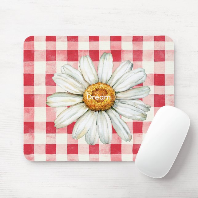 Red Cream Plaid Daisy Flower Mousepad (Mit Mouse)