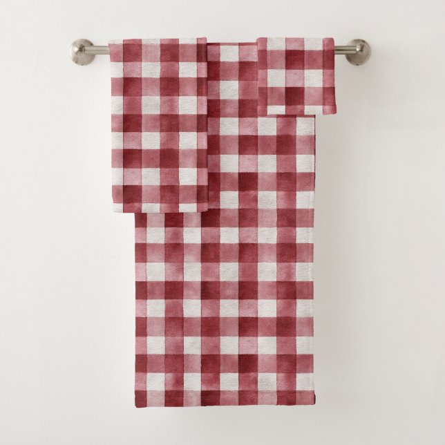 Red Cream Plaid Stripes Badhandtuch Set (Insitu)