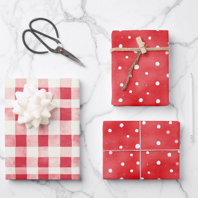 Red Cream Plaid Stripes Dots Birthday Geschenkpapier Set (Vorderseite)