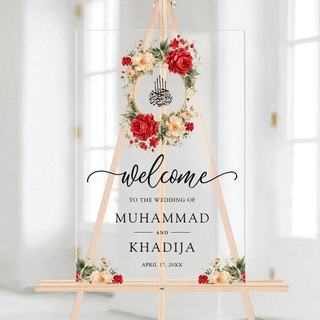 Red Cream Roses Muslim Wedding Welcome Acrylschild (Von Creator hochgeladen)