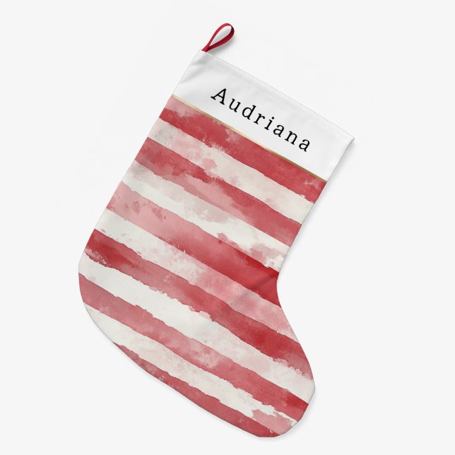 Red Cream White Candy Stripes Christmas Großer Weihnachtsstrumpf (Vorderansicht (hängend))