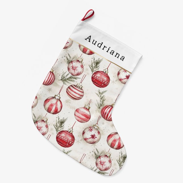 Red Cream White Christmas Ornaments Großer Weihnachtsstrumpf (Vorderansicht (hängend))