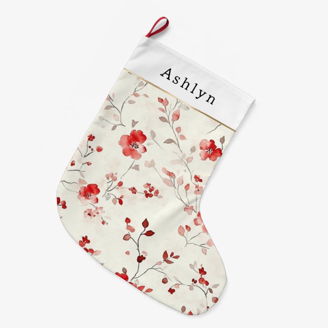 Red Cream White Floral Christmas   Großer Weihnachtsstrumpf (Vorderansicht (hängend))