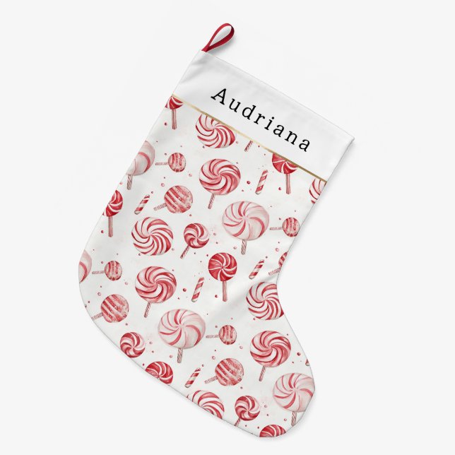 Red Cream White Peppermint Candy Christmas   Großer Weihnachtsstrumpf (Vorderansicht (hängend))