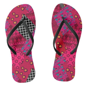 Red Crimson Colorful Patchwork Flip Flops
