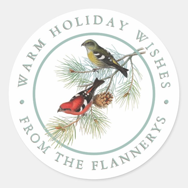 Red Crossbill Bird Pine Holiday Personalisiert Runder Aufkleber (Vorderseite)