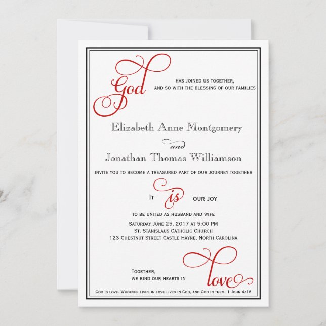 Red Curly Script God is Liebe Christlich Wedding Einladung (Vorderseite)