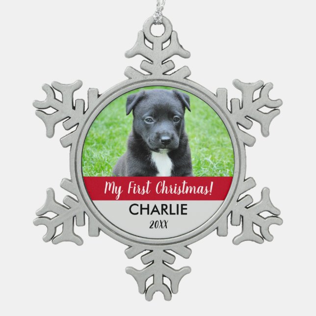 Red Custom Dog Foto Welpe's First Christmas Schneeflocken Zinn-Ornament (Vorderseite)