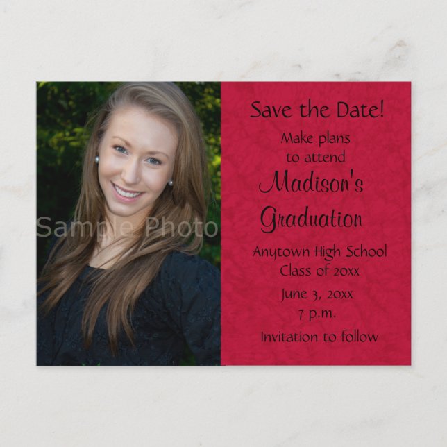Red Custom Foto Abschluss Save the Date Card Ankündigungspostkarte (Vorderseite)