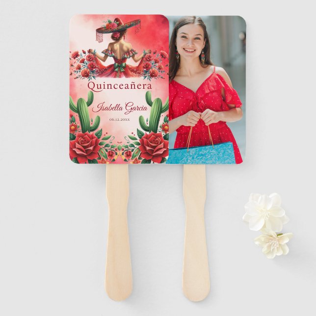 Red Custom Foto Mexicanischer Stil Quinceañera Fächer (Vorne und Hinten)
