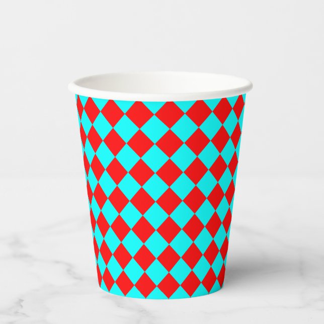 Red Cyan Checker Diamond Pattern Pappbecher (Vorderseite)