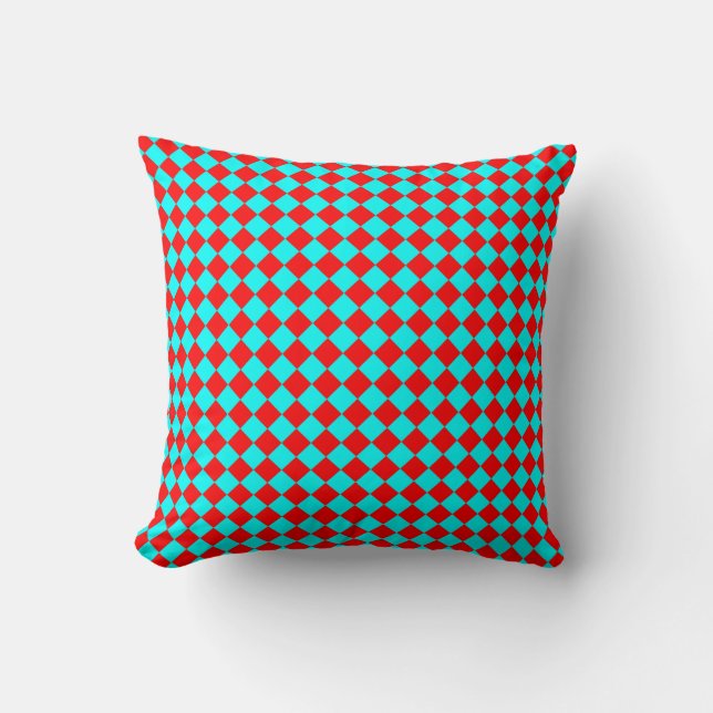 Red Cyan Schachbrett Diamond Pattern Kissen (Vorderseite)