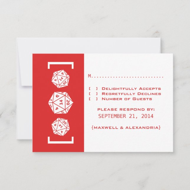 Red D20 Dice Gamer Wedding Response Card RSVP Karte (Vorderseite)