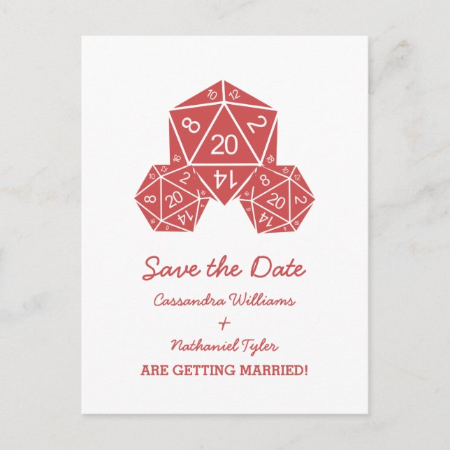 Red D20 Dice Save the Date Postkarte (Vorderseite)