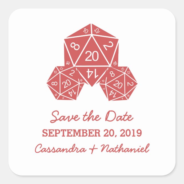 Red D20 Dice Save the Date Stickers (Vorderseite)