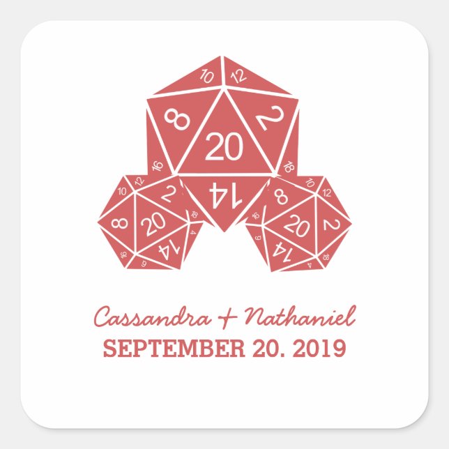 Red D20 Dice Wedding Stickers (Vorderseite)