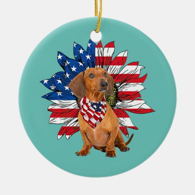 Red Dackel Sunflower American Flag Keramik Ornament (Vorne)