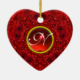 RED DAHLIA RUBY MONOGRAM Herz Keramikornament