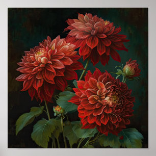 Red Dahlias Blume Art Print Poster