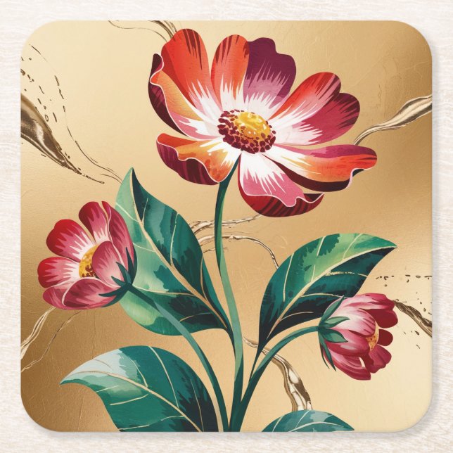 Red Dahlias Gold Untersetzer Set (Vorderseite)