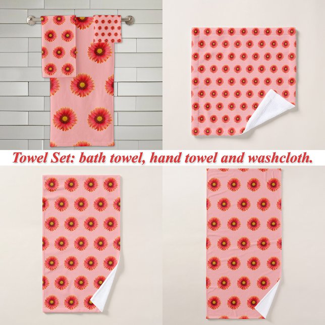 Red Daisy Blume Nahtloses Muster auf Badhandtuch Set (Red Daisy flower seamless pattern on bath towel set: wash cloth, hand towel and bath towel)