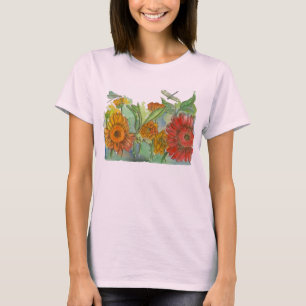 Red Daisy Dragonfly Blume T-Shirt