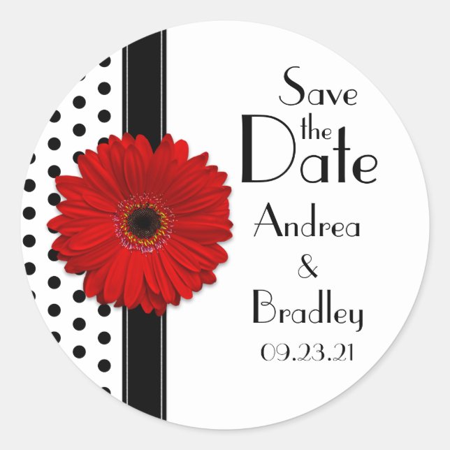 Red Daisy Schwarz-weiß Polka Dot Save the Date Runder Aufkleber (Vorderseite)