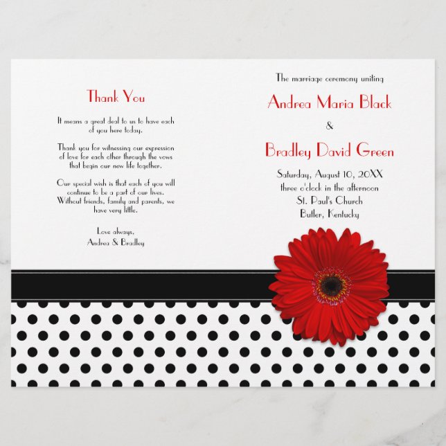 Red Daisy Schwarz-weiß Polka Dot Wedding Program (Vorderseite)
