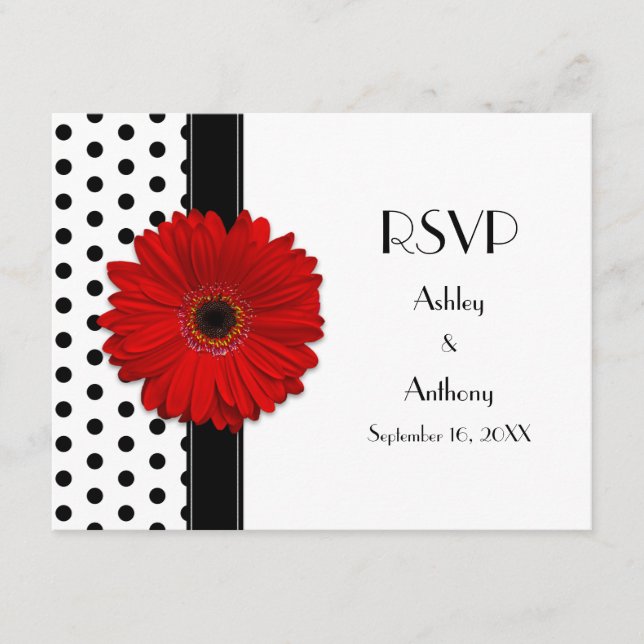 Red Daisy Schwarz-weiß Polka Dot Wedding RSVP (Vorderseite)