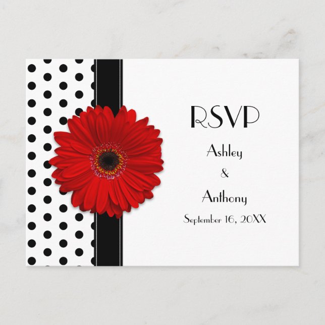 Red Daisy Schwarz-weiß Polka Dot Wedding RSVP Einladungspostkarte (Vorderseite)