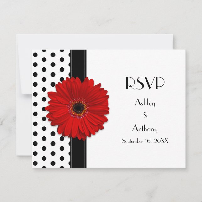 Red Daisy Schwarz-weiß Polka Dot Wedding RSVP Karte (Vorderseite)