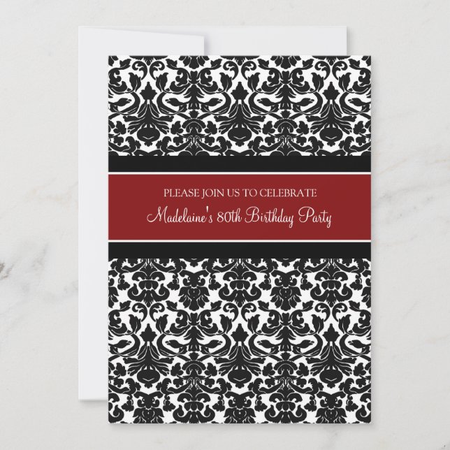 Red Damask 80th Birthday Party Invitations (Devant)