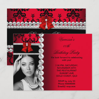 Red Damask Black Jewel Bow Birthday Foto Einladung
