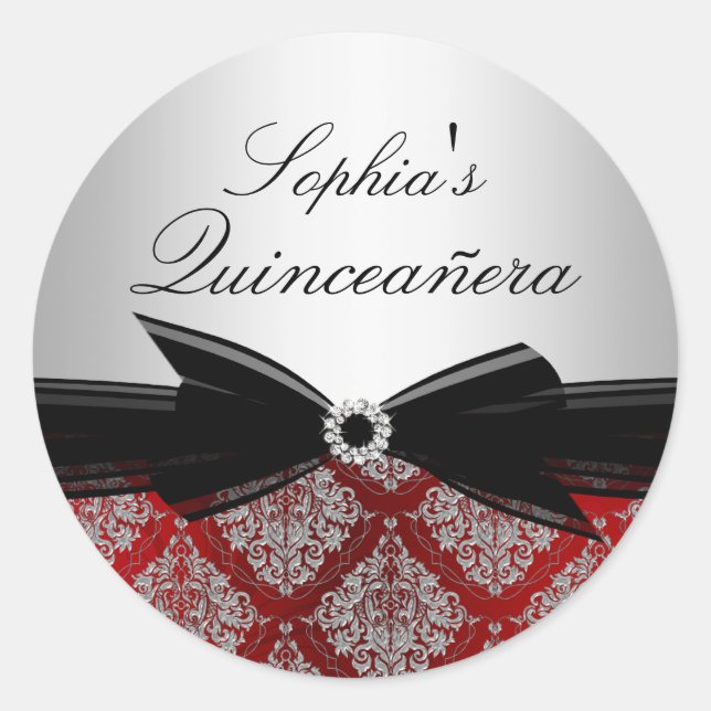 Red Damask & Bow Quinceanera Sticker (Vorderseite)
