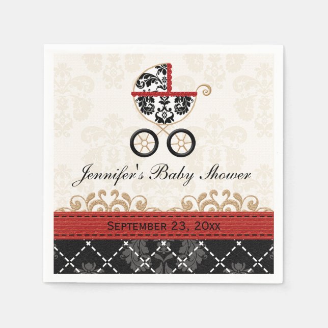 Red Damask Carriage Baby Dusche Serviette (Vorderseite)
